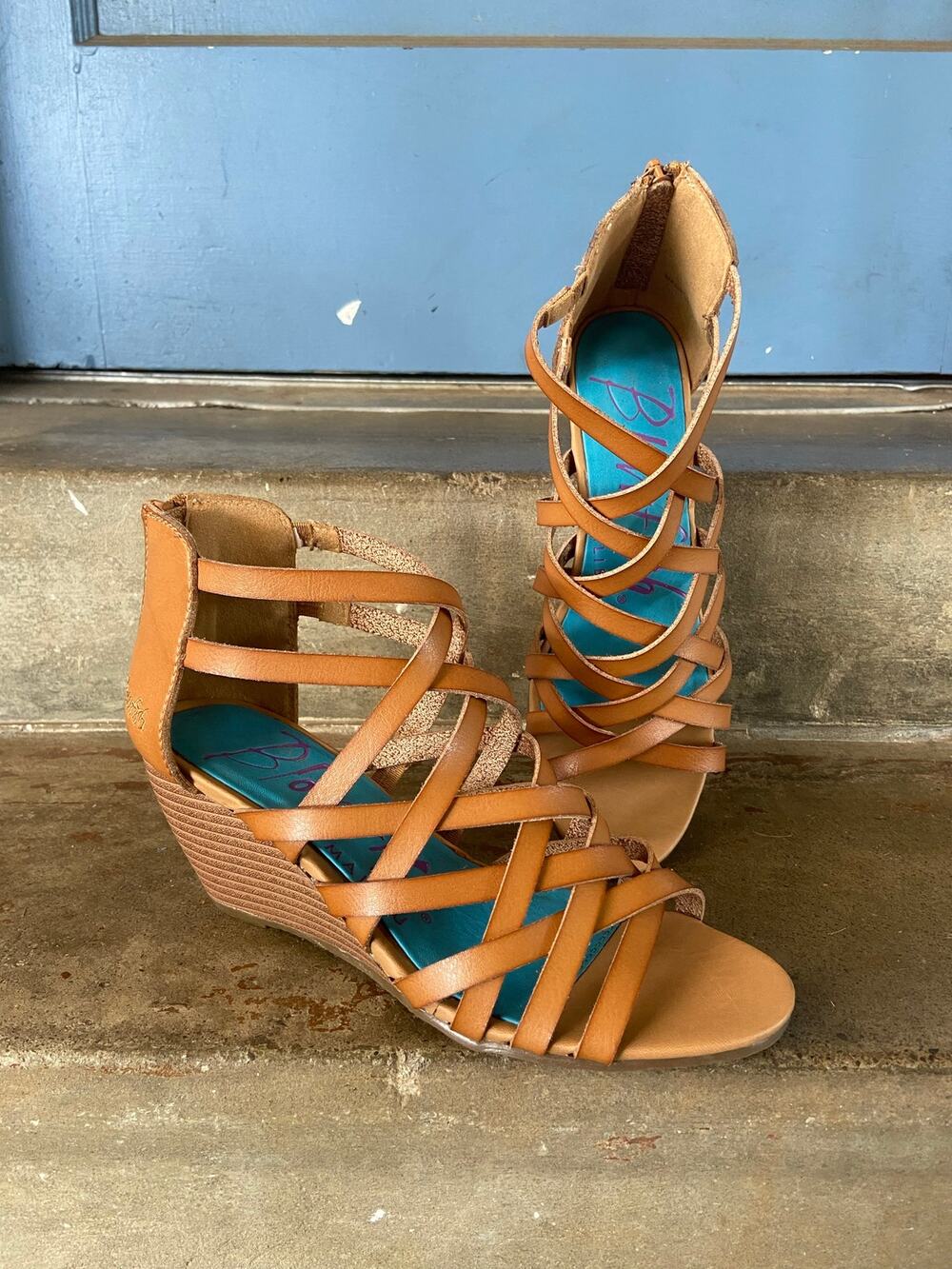 Blowfish tan gladiator cage style wedge sandals with back zipper entry